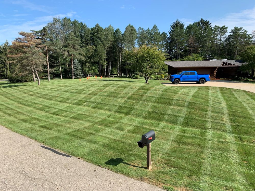 A freshly mowed lawn being viewed from the street